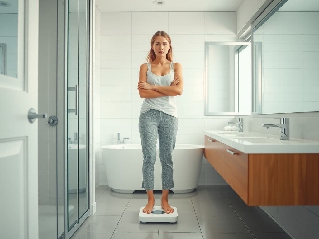 Young woman standing on a bathroom scale, looking at her weight with a thoughtful expression.
