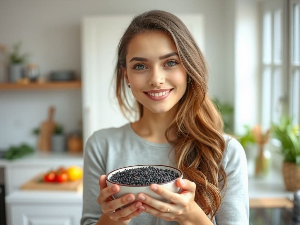 Smiling woman holding a bowl of healthy food, sitting in a bright kitchen.