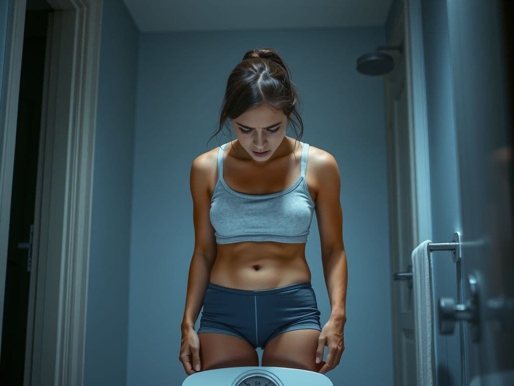 Young woman in a dimly lit room looking down at a scale, appearing reflective.