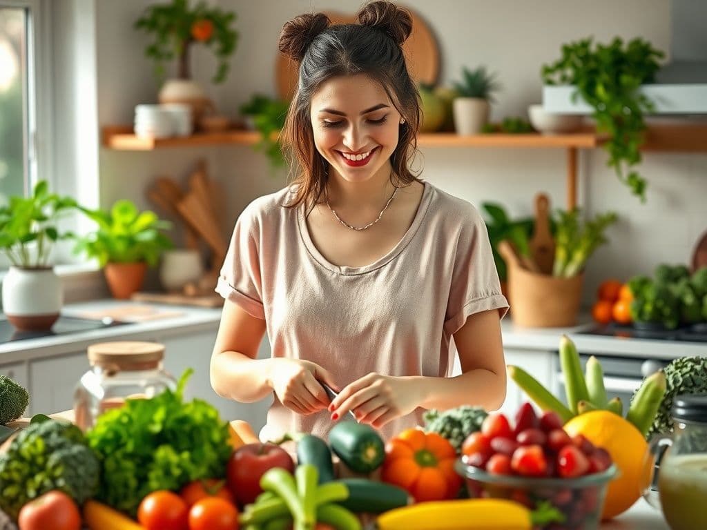 Smiling woman in a kitchen preparing a healthy meal with fresh vegetables.