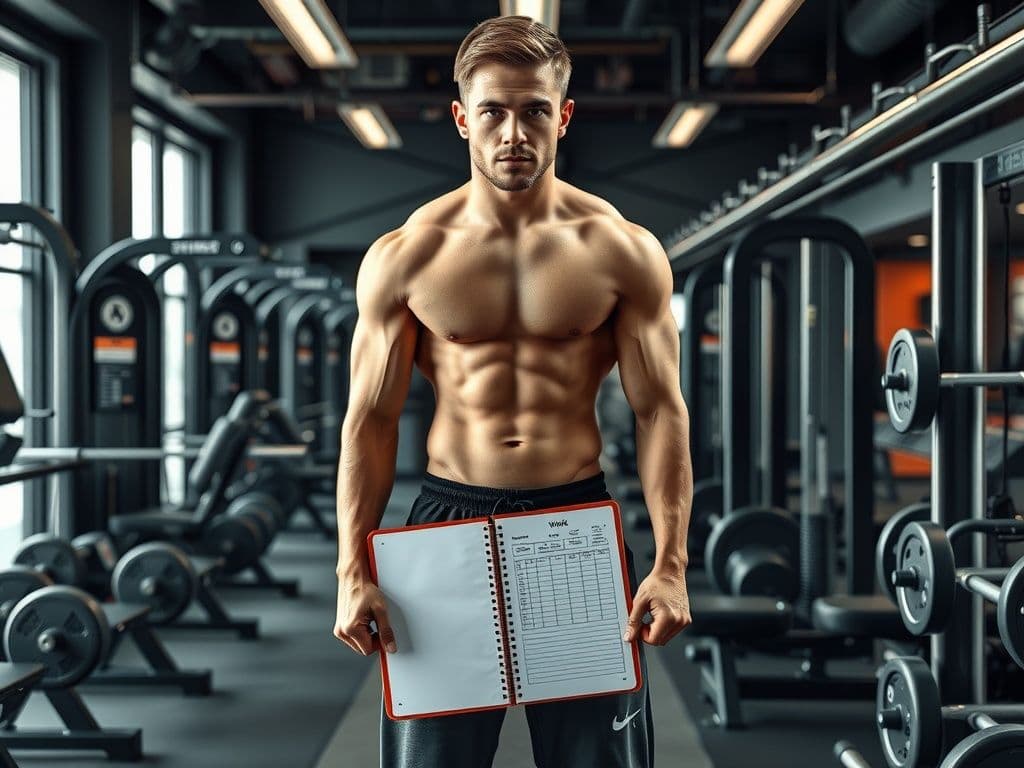 Muscular man in a gym holding a clipboard, looking focused.