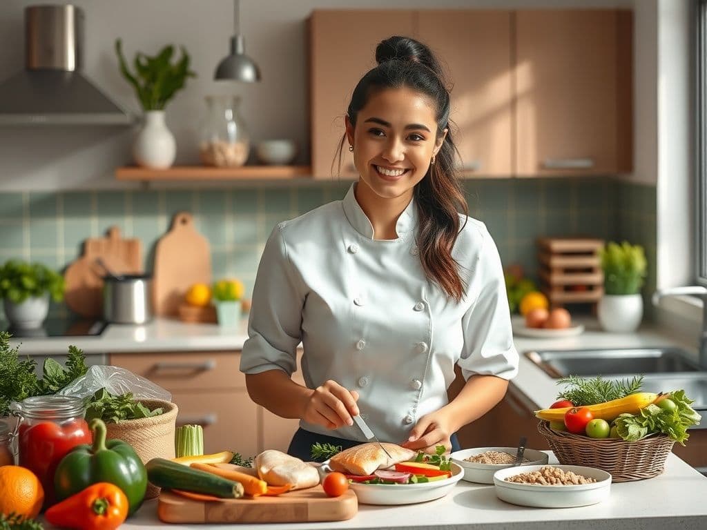 Happy woman in a chef's uniform preparing a meal in a bright kitchen.
