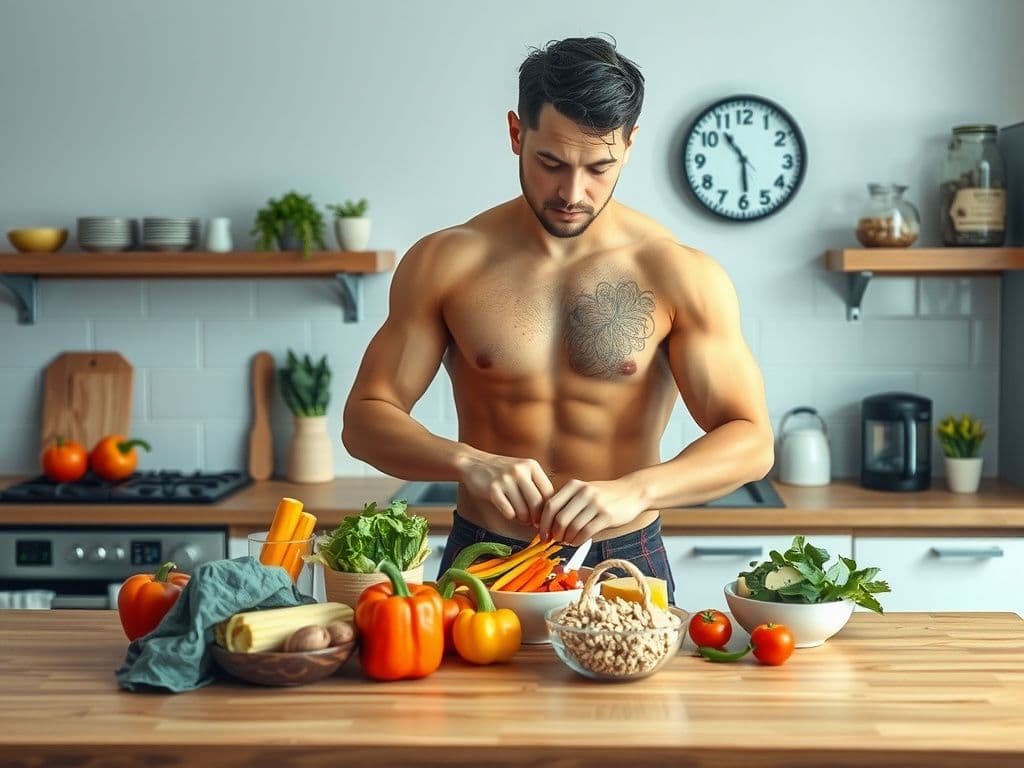 Shirtless man in a kitchen cooking a nutritious meal, surrounded by fresh ingredients.