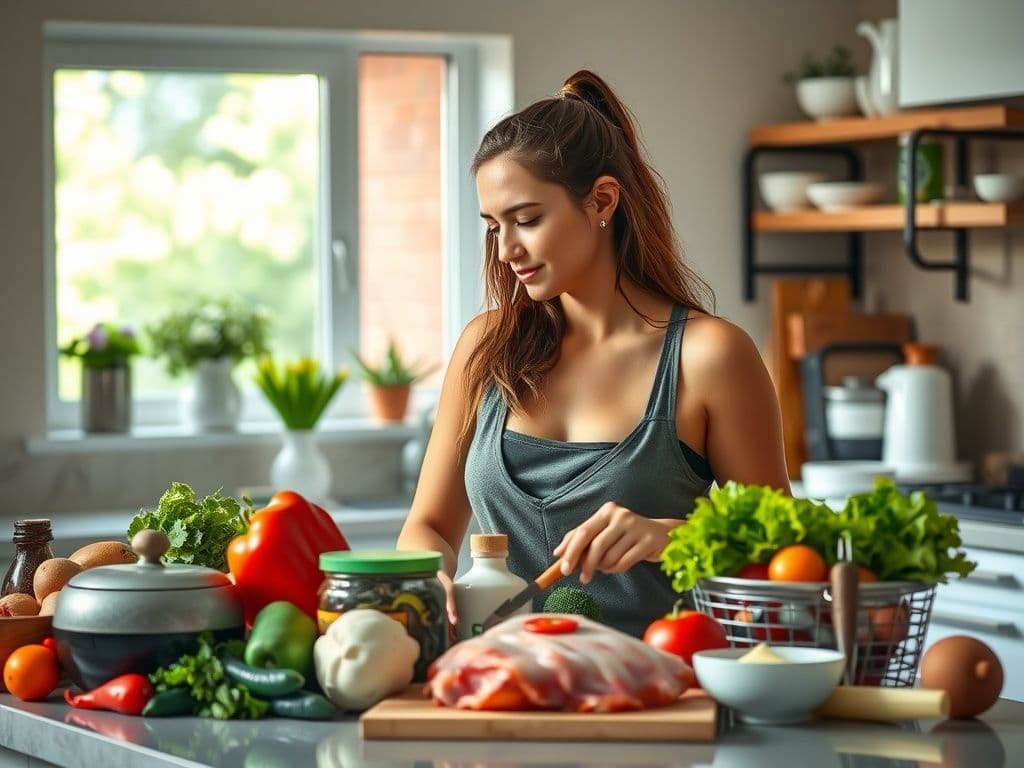 Fit woman chopping vegetables in a kitchen, preparing a healthy meal.