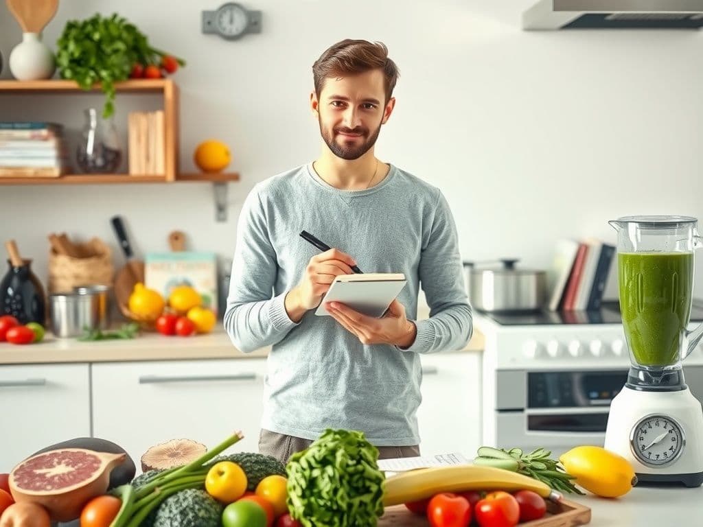 Smiling man in a modern kitchen, preparing a healthy meal with fresh vegetables