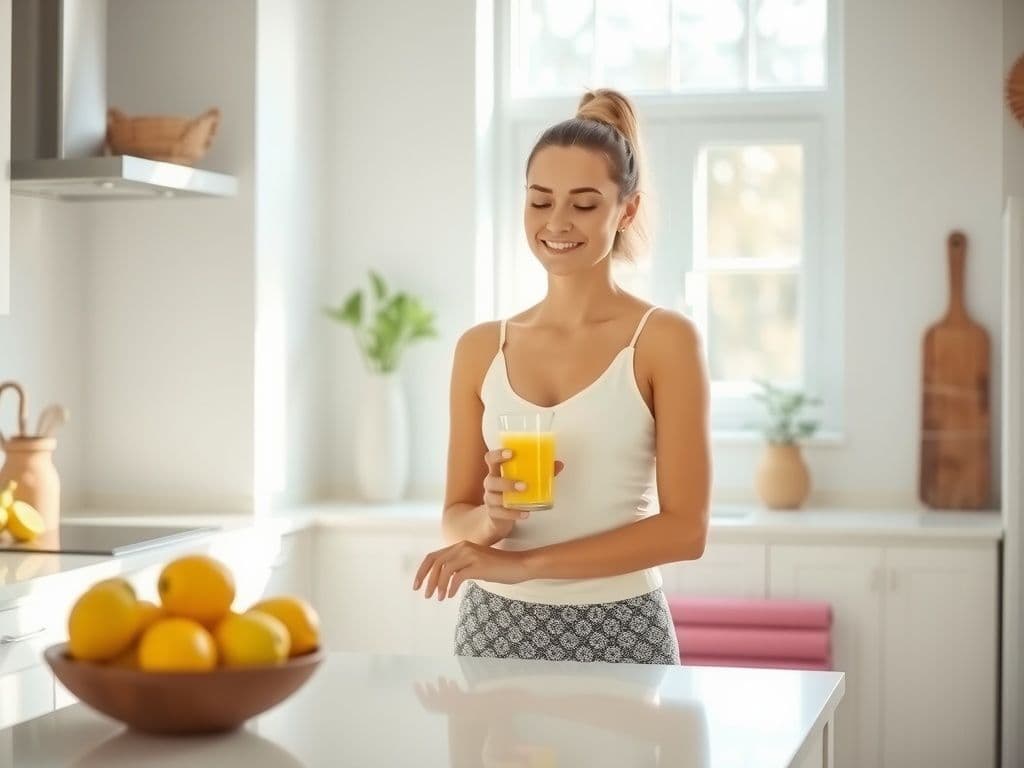 Woman in a white tank top drinking a fresh smoothie in a bright kitchen.