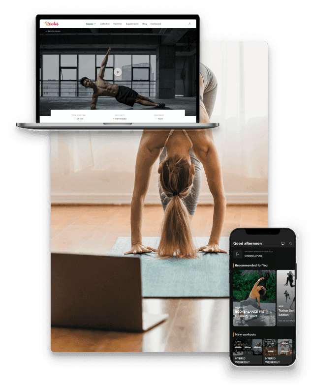 Collage of a woman doing a plank with fitness tools and a website interface.
